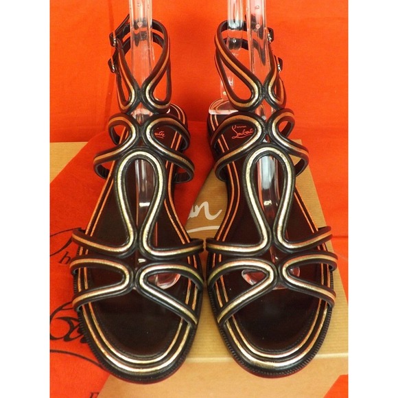 NIB LOUBOUTIN ZENOSANDY BLACK LEATHER CAGED BUCKLES FLATS GLADIATOR SANDALS 38.5 - Picture 10 of 12